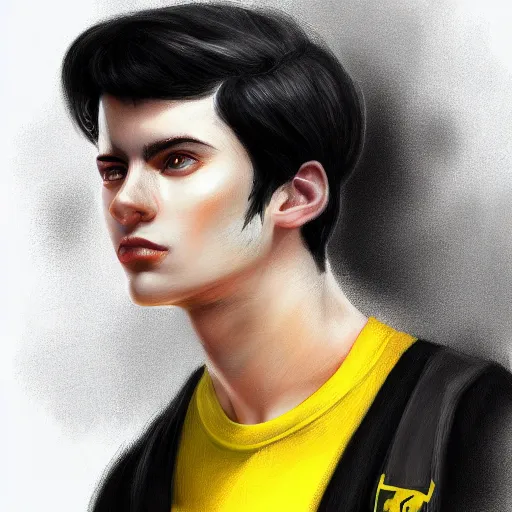 Image similar to ultra realistic illustration, a young man with black hair, in a yellow t - shirt, with blue eyes, highly detailed, digital painting, artstation, concept art, smooth, sharp focus, illustration