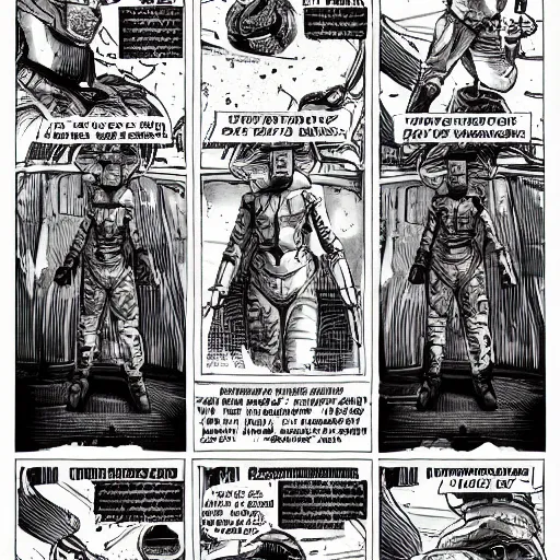 Image similar to comic book page of retrofuture tattooed stoic heroic emotionless dirty butch blonde woman mechanic with very short messy dirty hair, full body, staggering on mars, dust storm, uncomfortable awkward and anxious, wearing dark - lensed victorian goggles, wearing dirty ripped flight suit, rough paper, sci fi, behance hd