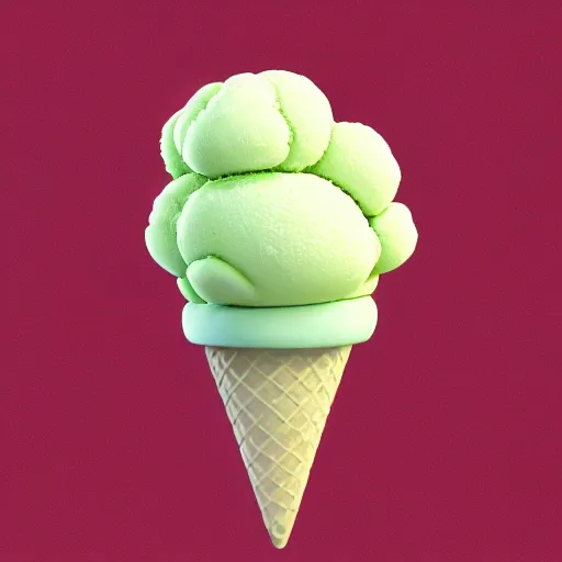 Prompt: a 3 d render of an ice cream in the shape of a brocoli, pixar renderman, trending on artstation, soft lighting, raytracing, high quality, 4 k