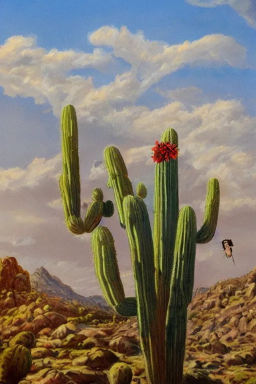 Image similar to a beautiful painting of the san pedro cactus with the face of an old indigenous man in the sky, fantasy art, matte painting