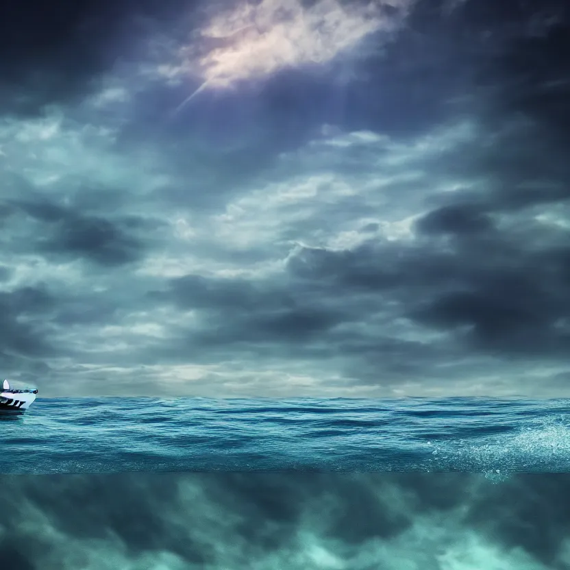 Image similar to underwater photo of boat wake in sky above underwater edinburgh city sharp focus, surrealism, cinematic, unreal engine, 4 k wallpaper, national geographical