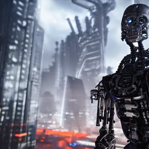 Image similar to portrait of a terminator with borg enhancements, gears are visible inside it's head, ultra detailed 8k. There is a dystopian city in the background. Rendered with unreal 5 engine with ray tracing and tessellation