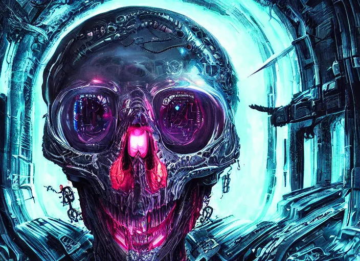 Image similar to a futuristic skull with glowing eyes and a wormhole tunnel cyberpunk art by android jones, featured on artstation, darksynth, synthwave