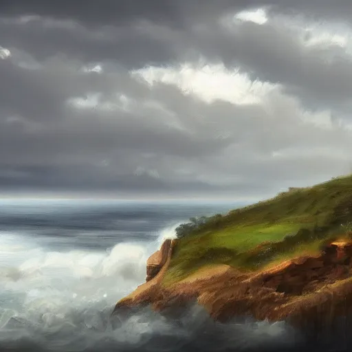 Image similar to a ranch by a ocean cliff, gray skies, aesthetic, oil painting, pale colors, high detail, 8 k, wide angle, trending on artstation,