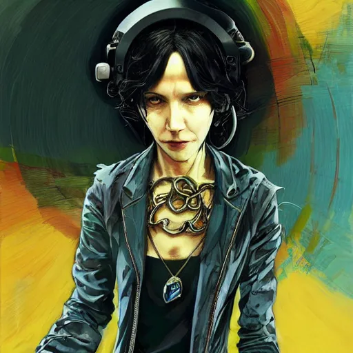 Image similar to portrait of the naive cyberpunk philosopher Sophia Aeon wearing a bird-ouroboros-infinity-auryn jewelry, by Yoji Shinkawa, Esao Andrews and Raoul Ruiz