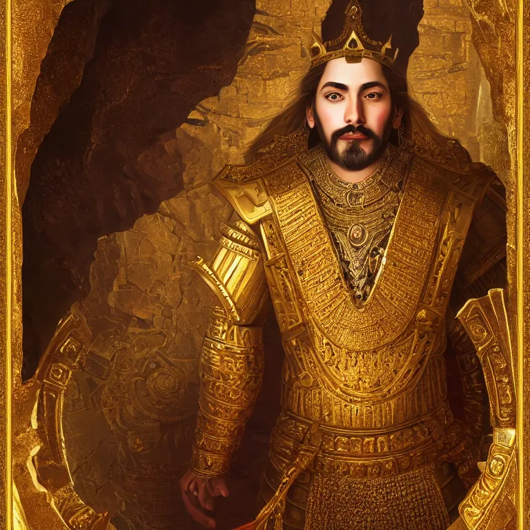 Image similar to highly detailed portrait of agharta ´ s king brightening on gold majestic in the entrance castle kingdom of agharta, land of advanced races, giant, hollow earth infographic, hiperrealistc, global illumination, radiant light, detailed and intricate environment, trending on artstation, art by oleg oprisco, 8 k