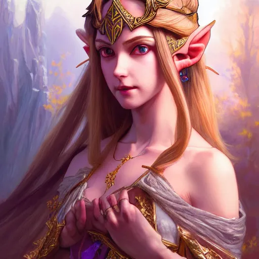 Image similar to beautiful sensual princess zelda, dark fantasy esoteric , closeup, D&D, fantasy, intricate, elegant, highly detailed, digital painting, artstation, concept art, matte, sharp focus, illustration, art by Artgerm and Greg Rutkowski and Alphonse Mucha