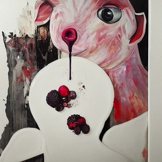 Image similar to “ a portrait in a female art student ’ s apartment, sensual, a pig theme, pork, pottery supplies, sculpture work in progress, a candle dripping white wax, pottery glaze, squashed berries, berry juice drips, acrylic and spray paint and oilstick on canvas, surrealism, neoexpressionism ”