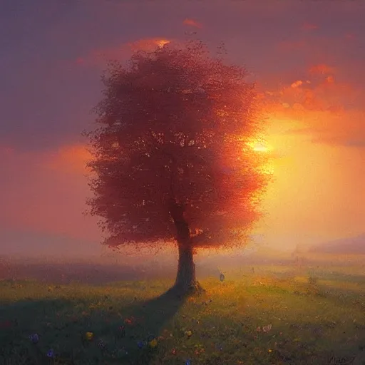 Image similar to a beautiful painting by banska stiavnica nature in sunset, translucent fruit tree, peach, by greg rutkowski and james gurney, artstation