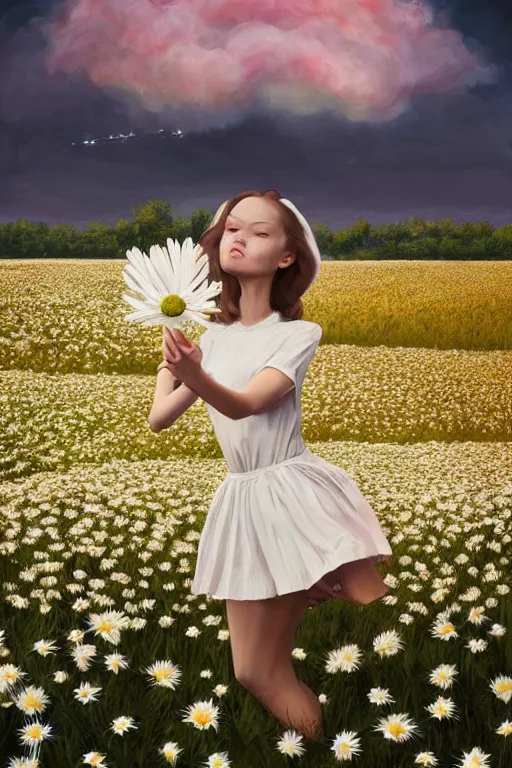 Image similar to giant white daisy flower face head, girl dancing in a flower field, surreal photography, sunrise, dramatic light, impressionist painting, colorful clouds, digital painting, artstation, simon stalenhag