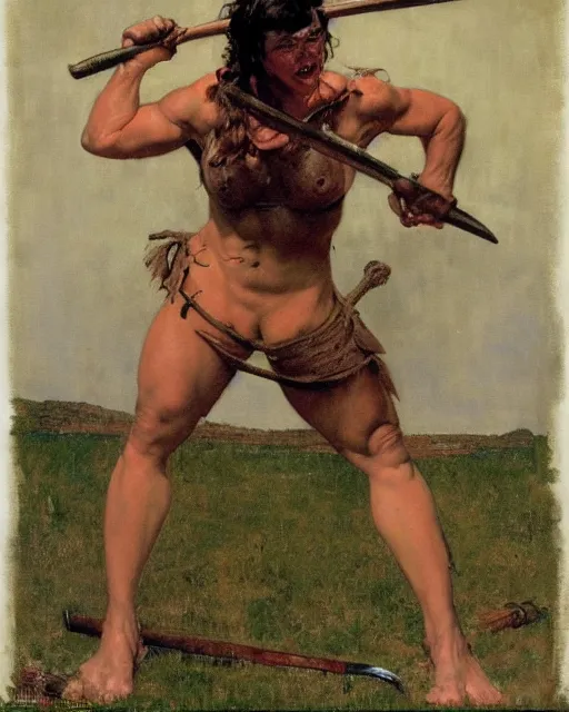 Prompt: portrait of a savage muscular barbarian female, by norman rockwell