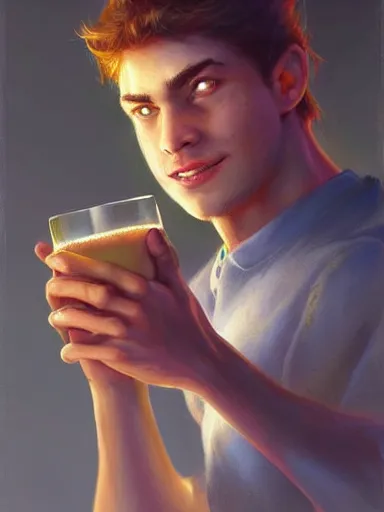 Prompt: a young handsome guy, drinking shopp. intricate, elegant, highly detailed, digital painting, artstation, concept art, sharp focus, illustration, by justin gerard and artgerm, 8 k