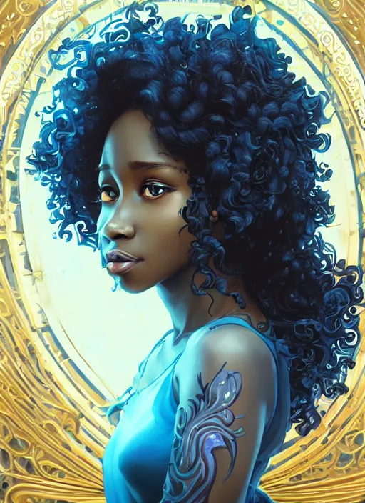 Prompt: beautiful black girl with long curly hair, blue eyes, cute, intricate, highly detailed, digital painting, trending on artstation, concept art, smooth, sharp focus, backlit, rim light, vivid colors, illustration, unreal engine 5, 8 k, art by rossdraws and alphonse mucha