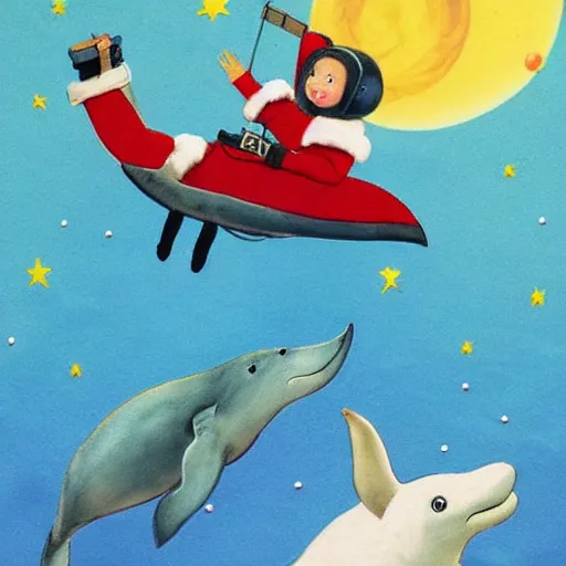 Image similar to santa riding a dolphine with a spacesuit on