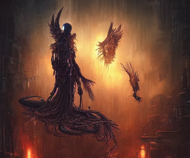 Prompt: a beautiful tarot card artwork of a cyberpunk fallen dark seraphim, horror, backlit, gloomy sky, highly detailed, digital painting, intricate golden threads, by eddie mendoza and greg rutkowski and dan mumford and artgerm, vivid colors, detailed shading, 8 k resolution, intricate, smooth