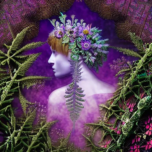 Prompt: an knight, stern face, clear eyes, shining armour made of steel and flowers, and fractal flowery hair in a fractal garden, glowing delicate flower and ferns that grow in a dark fatansy forest,
