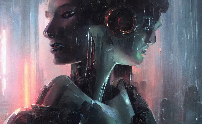 Image similar to a painting of a sensual robot from metropolis trending on artstation in the style of greg rutkowski, blade runner, cyberpunk