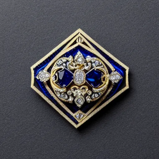 Prompt: white box commercial photography of a brooch jewel, forme de losange, more angular shape deep dark blue sapphire, gold ornaments and curves, 8 k, hires close up, high aperture, white background, pinterest, artstation