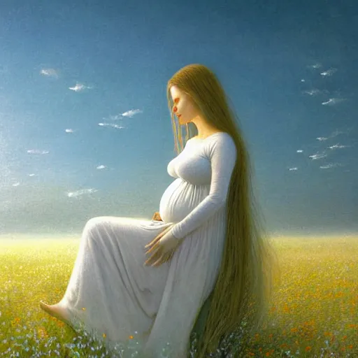 Prompt: a beautiful portrait of a pregnant woman in a white cotton dress pondering life as she watches the sun set, nature, field of wild flowers, deviantart, fantasy art, sunrays shine upon it, deviantart, mystical, art style by zdzistaw beksinski and brian froud and peter gric and thomas kinkade