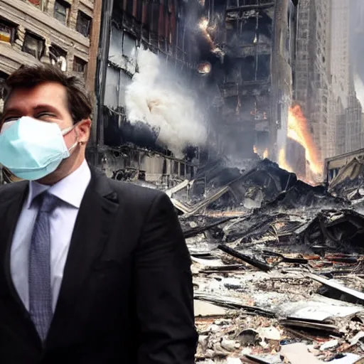 Prompt: man wearing a suit and a goose mask looking at an explosion in new york, ruined buildings, rubble, fire from hands