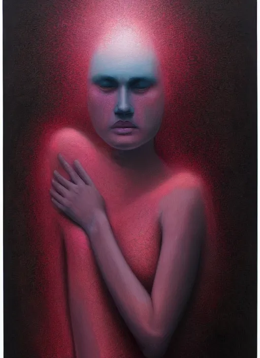 Image similar to dramatic portrait painting of woman with black mandelbrot fractal instead of face, in style of zdzisław beksinski,