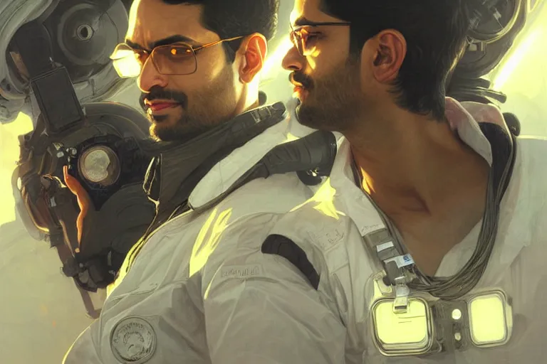 Image similar to Sensual good looking pale young Indian doctors wearing Deus Ex clothing in a space station above Earth, portrait, elegant, intricate, digital painting, artstation, concept art, smooth, sharp focus, illustration, art by artgerm and greg rutkowski and alphonse mucha