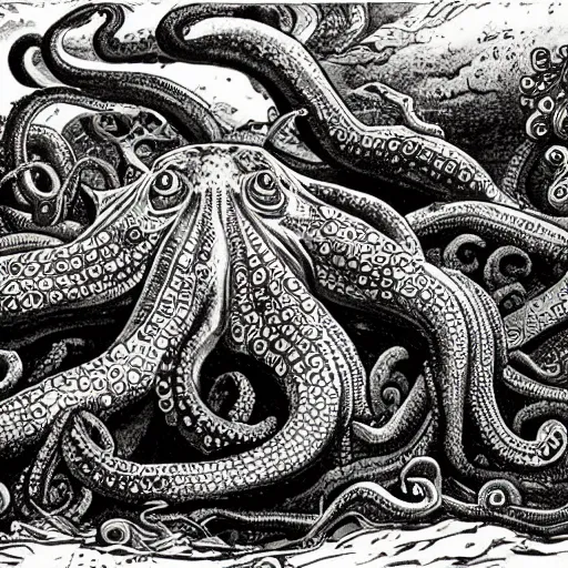 Prompt: octopus destroying atlantis, end of times, highly detailed, trending