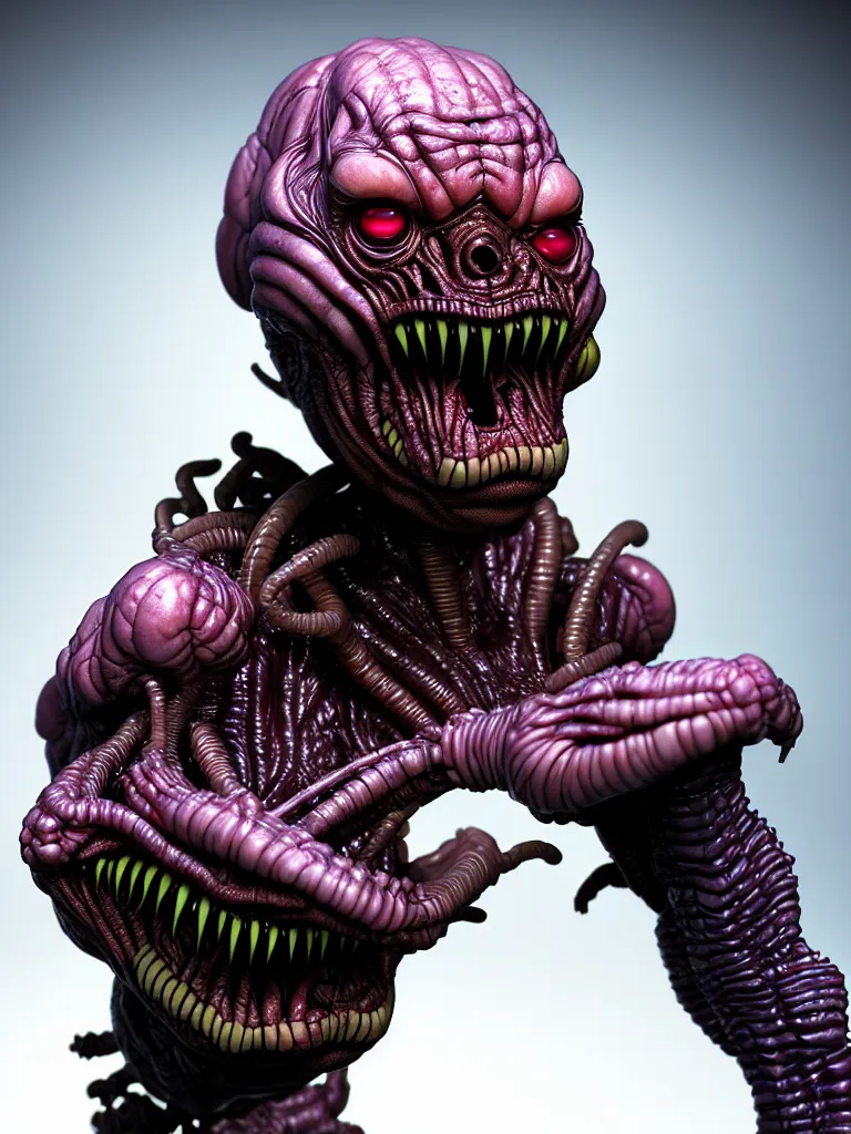 Image similar to hyperrealistic rendering fat smooth of john carpenter's they live alien by bernie wrightson and killian eng and joe fenton, product photography, action figure, sofubi, studio lighting, colored gels, colored background