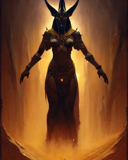 Image similar to mysterious anubis, fantasy character portrait, ultra realistic, concept art, intricate details, highly detailed by greg rutkowski, gaston bussiere, craig mullins, simon bisley