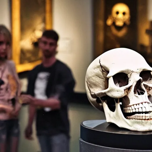 Image similar to Human skull in a museum with alien tourists looking at it, alien language, science fiction