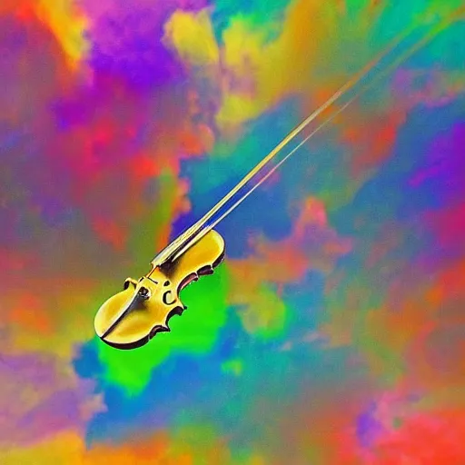 Prompt: a violin exploding into colorful clouds