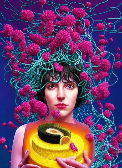 Image similar to hyper detailed 3d render like a Oil painting - Ramona Flowers with wavy black hair wearing thick mascara seen Eating of the Strangling network of colorful yellowcake and aerochrome and milky Fruit and Her delicate Hands hold of gossamer polyp blossoms bring iridescent fungal flowers whose spores black the foolish stars by Jacek Yerka, Mariusz Lewandowski, Houdini algorithmic generative render, Abstract brush strokes, Masterpiece, Edward Hopper and James Gilleard, Zdzislaw Beksinski, Mark Ryden, Wolfgang Lettl, Dan Hiller, hints of Yayoi Kasuma, octane render, 8k