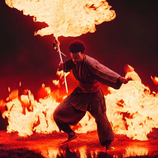 Image similar to cinematic film still of Chance The Rapper starring as a Samurai holding fire, Japanese CGI, VFX, 2022, 40mm lens, shallow depth of field, film photography