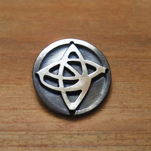 Image similar to metal round badge for clothes, atom and eternal life pattern, transhumanism, laser engraved on metal