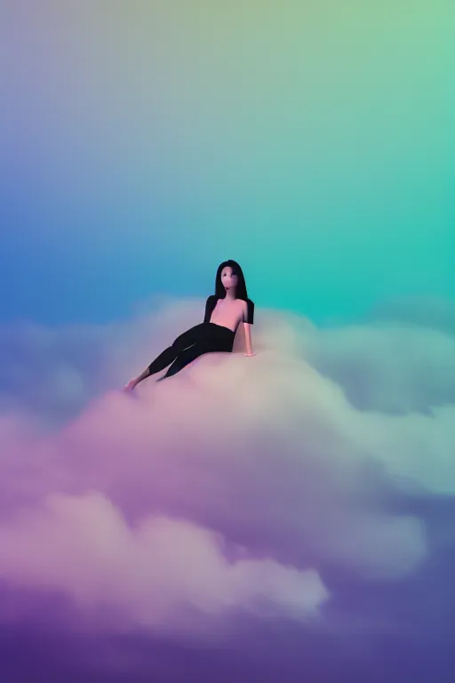 Image similar to high quality pastel coloured film photograph of a model wearing black clothing resting on cloud furniture clouds in a haze filled dreamstate world. three point light, rainbow. photographic production. art directed. pastel colours. volumetric clouds. pastel gradient overlay. waves glitch artefacts. 8 k. filmic.