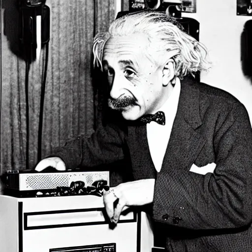 Image similar to photo of Albert Einstein DJing a record player at a nightclub, vintage, highly detailed facial features, at a nightclub