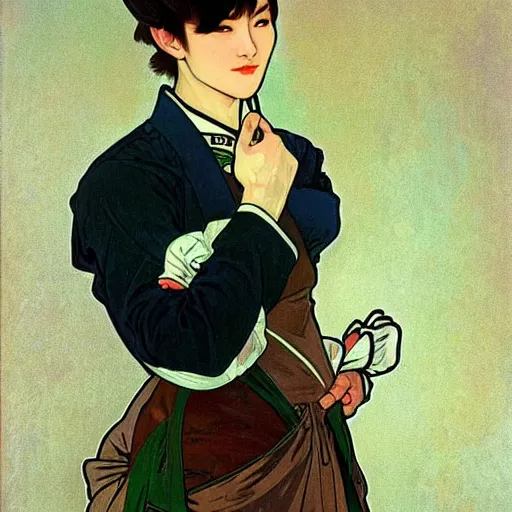 Image similar to full body painting of grumpy handsome thin beautiful young man in his 2 0 s named min - jun in a french female maid outfit and crossing his arms, modern clothing, elegant, clear, painting, stylized, sharp facial features, pouty, highly detailed, art, art by alphonse mucha