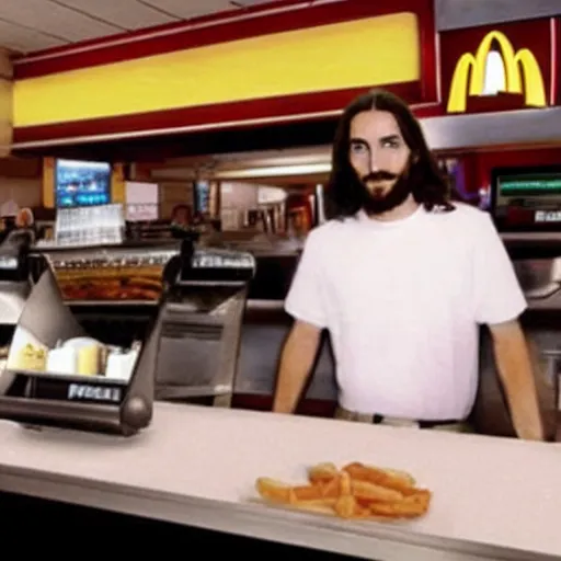 Image similar to Jesus working the counter at McDonald’s real photo