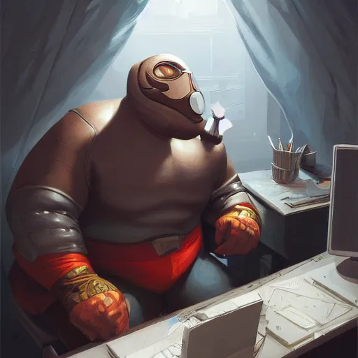Image similar to a insanely detailed painting of a fat masked superhero wearing a costume sitting at a desk, staring at the nervously at the computer and clicking on the mouse, in the style of peter mohrbacher, dramatic lighting and composition, trending on artstation, concept art, comic book