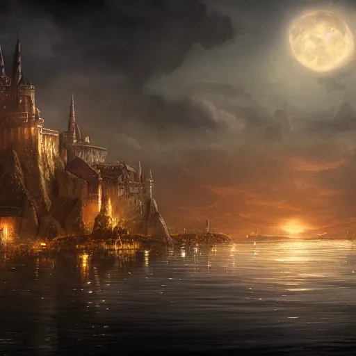 Image similar to medieval city floating above a sea in the moonlight with some puffs of clouds with a dark and gloomy theme, ultra fine detail, concept art, matte painting