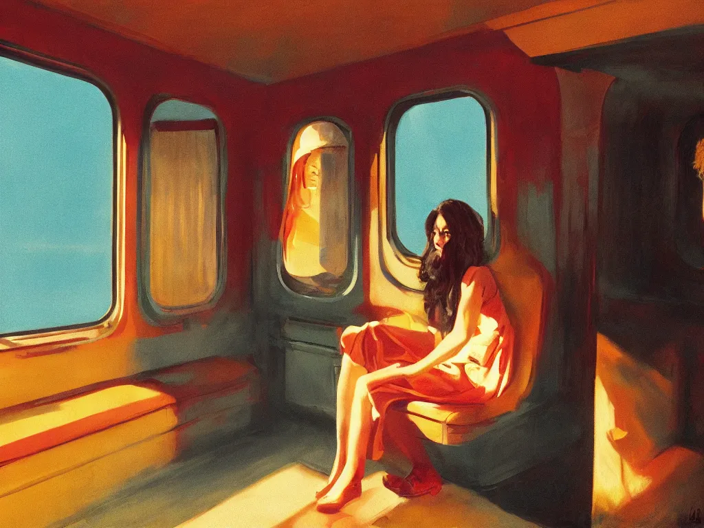 Prompt: lone girl waiting inside a 70s train in a half remembered dream, stanley kubrick the shinning, vibrant colors americana, cinematic, volumetric lighting, god rays, sunset, realistic, detailed, ultra wide angle view, painting in the style of Edward Hopper