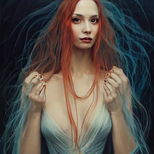 Image similar to portrait of a female wizard in flowing sensual dress, long flowing hair, delicate, looking at camera, slightly smiling, realistic face, stylish, elegant, extremely detailed painting inspired by Gerald Brom and Simon Stalenhag, studio lighting