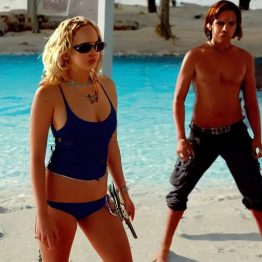 Prompt: movie still from the movie spring breakers (2007), jennifer lawrence,