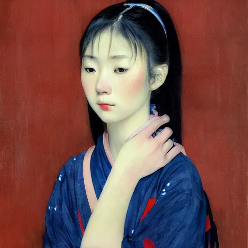 Image similar to beautiful young japanese girl with glowing red eyes, chapped lips, facial veins, black undereyes, finds herself lost in a dark indigo room, muted cold colors, painting part by wojciech siudmak, part by ilya repin, part by norman rockwell, artstation