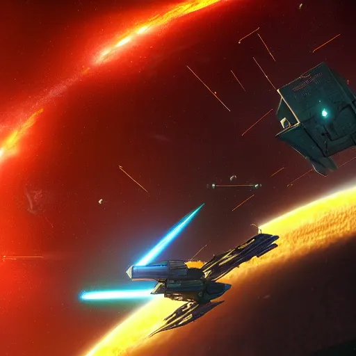 Prompt: epic space battle, star citizen render, nebula, laser beams, incredible detail