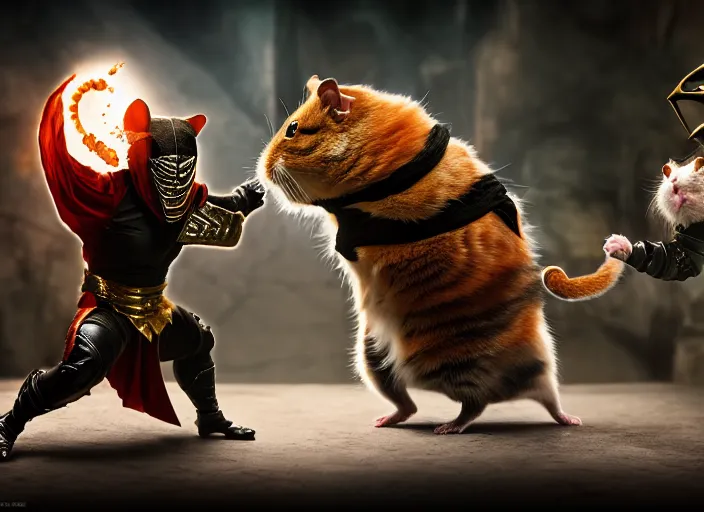 Prompt: hamster dressed as sub zero fights a cat dressed as scorpion in mortal kombat on the background of a laughing shao khan. fantasy magic style. highly detailed 8 k. intricate. lifelike. soft light. sony a 7 r iv 5 5 mm. unreal engine with nanite and path tracing