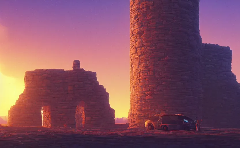 Prompt: A landscape with a giant stone brick tower with pillars on top at sunset, magical portal, cyberpunk, Low level, rendered by Beeple, Makoto Shinkai, syd meade, simon stålenhag, environment concept, synthwave style, digital art, unreal engine, WLOP, trending on artstation, 4K UHD image, octane render,