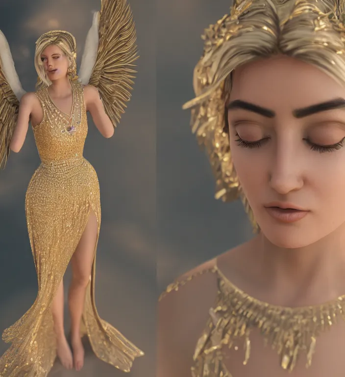 Image similar to centered waist up portrait of an angel wearing an incredible dress with jewelry, bokeh + DOF + 8k, photorealistic + rendered in octane + ultra realistic + backlit + strong rim light + HDRI, HD, by midjourney, trending on artstation