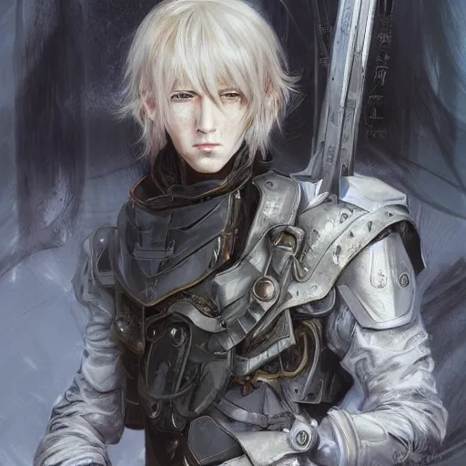 Image similar to portrait of an elf by ayami kojima, he is about 2 0 years old, androgenic, long white hair, slender and tall, smirk, he is wearing a modern tactical gear, scifi, highly detailed portrait, digital painting, artstation, concept art, smooth, sharp foccus ilustration, artstation hq