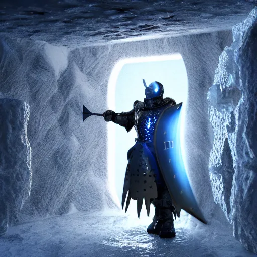 Prompt: shiny knight encased inside a block of ice, his sword is near him inside the ice, while a single ray of light comes from an opening in the wall, fantasy render, unreal engine 5, octane, raytracing, light transport, artstation